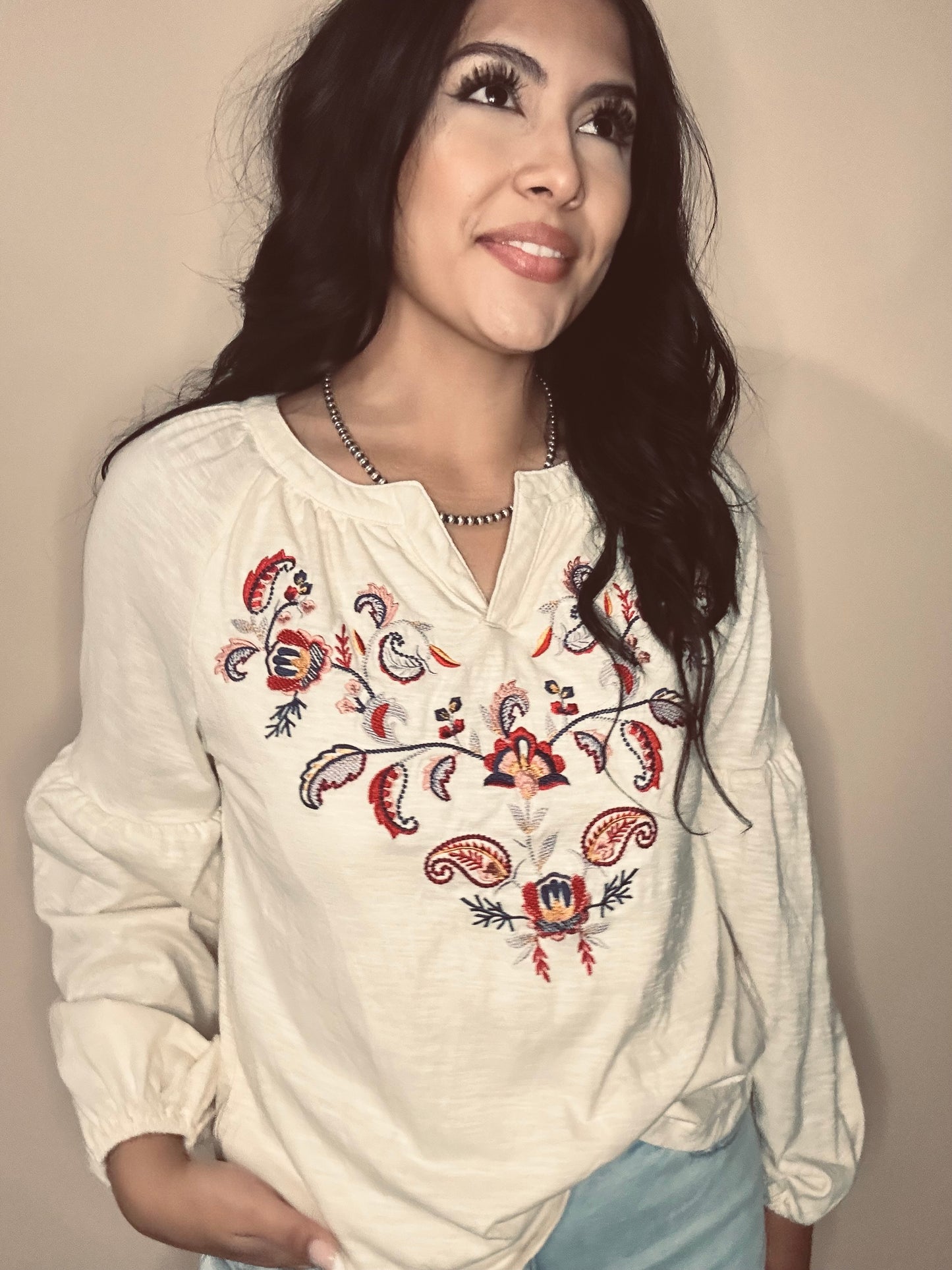 Embroidered Notched Long Sleeve Blouse